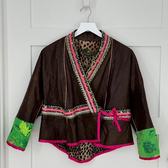 Etro Runway Piece - brown lamb leather jack with bright green/pink silk detail